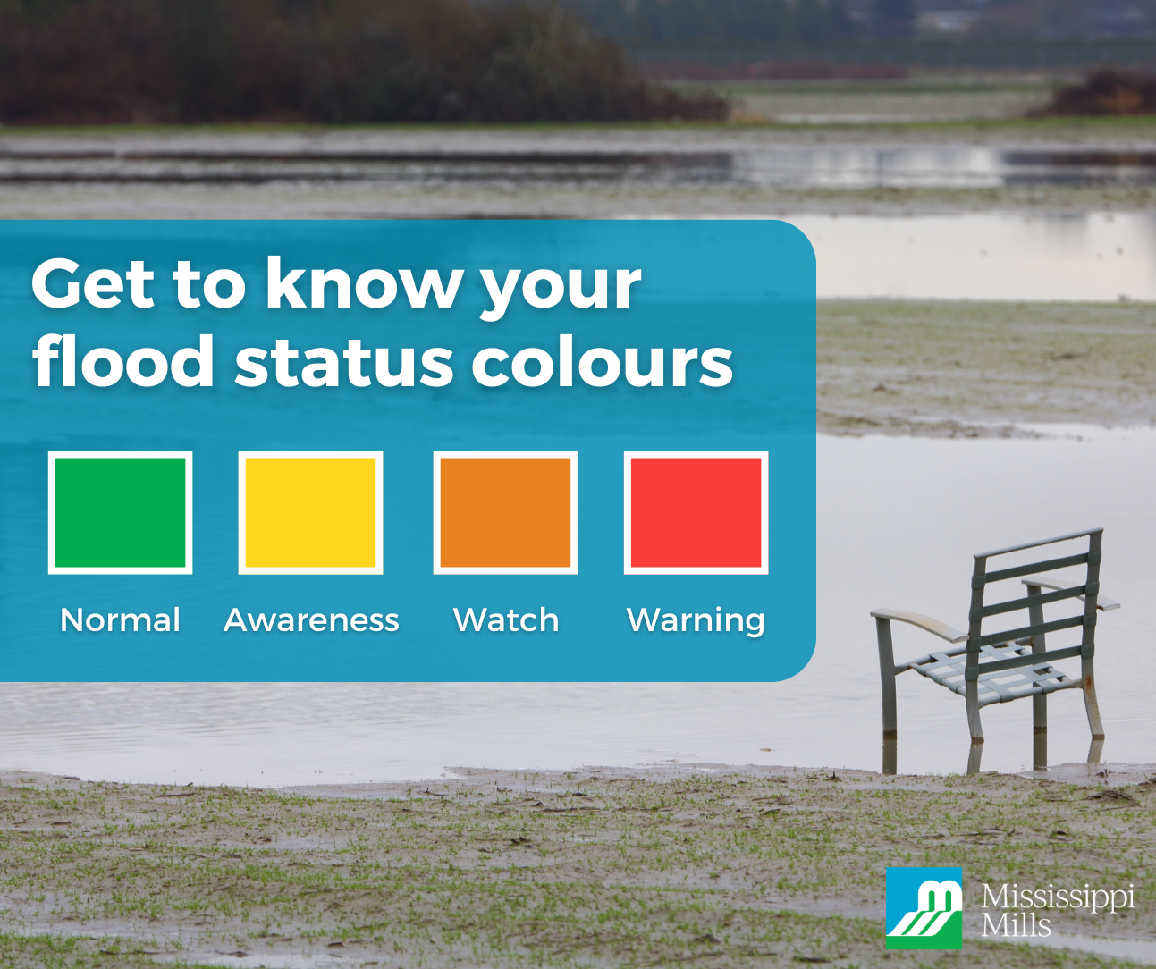 Graphic featuring photo of flooding greenspace with a bench and the text 'Get to know your flood status colours'
